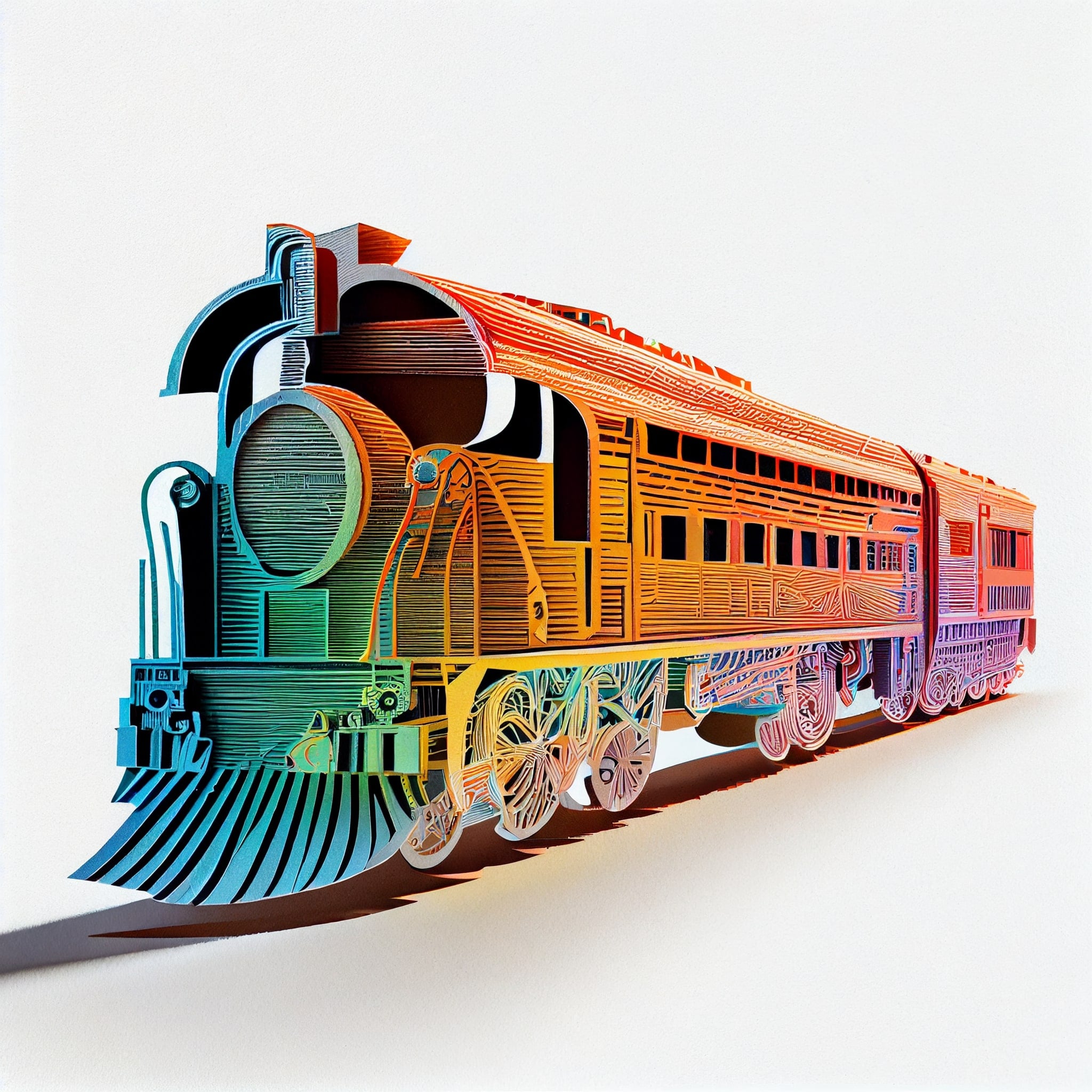 Multicolored train is shown on a white background.