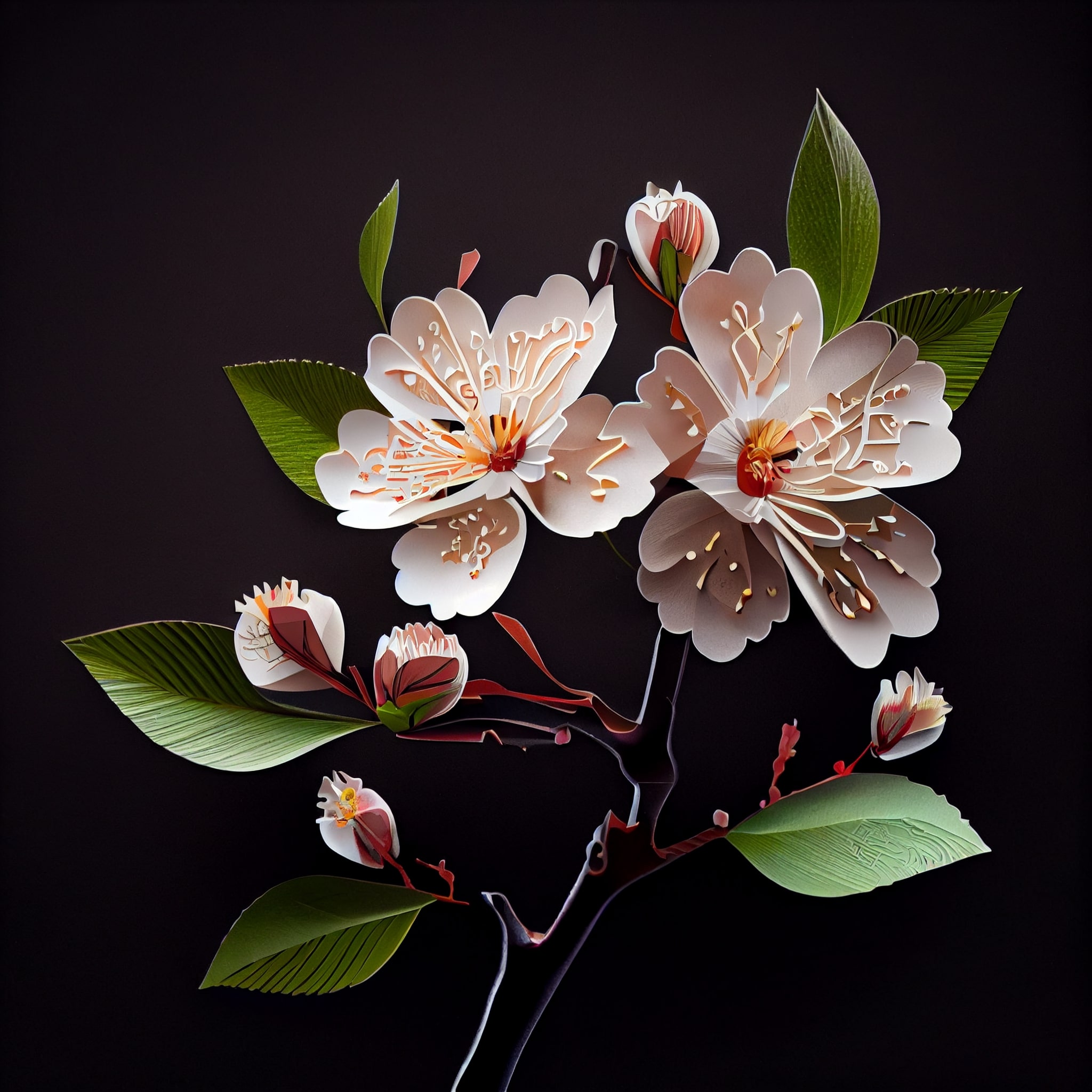 Group of flowers with green leaves on a black background.