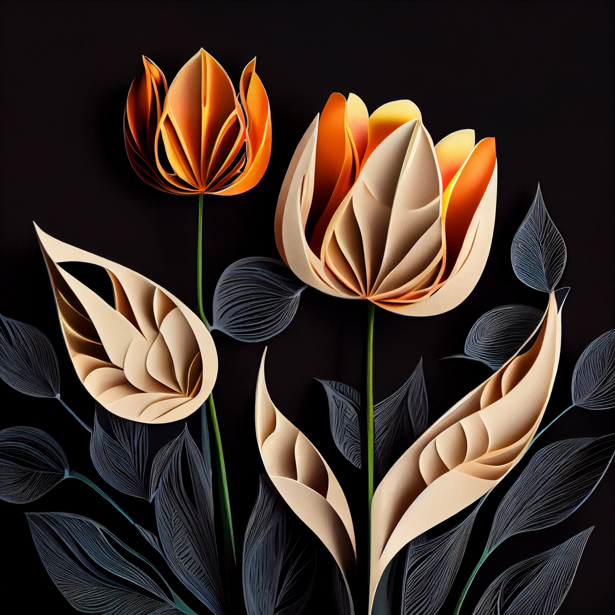 Three paper flowers with leaves on a black background.