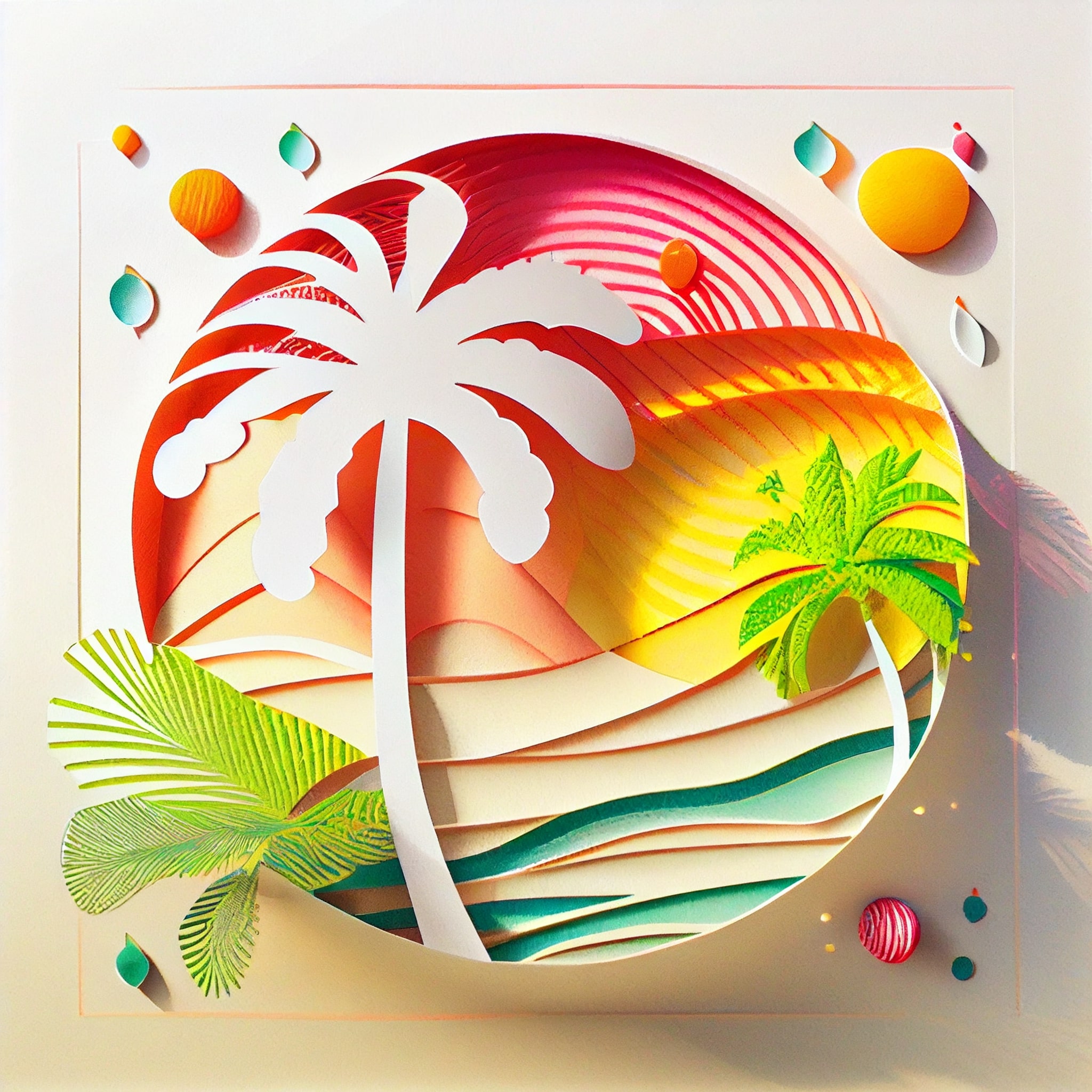 Paper cut of a palm tree on a beach.