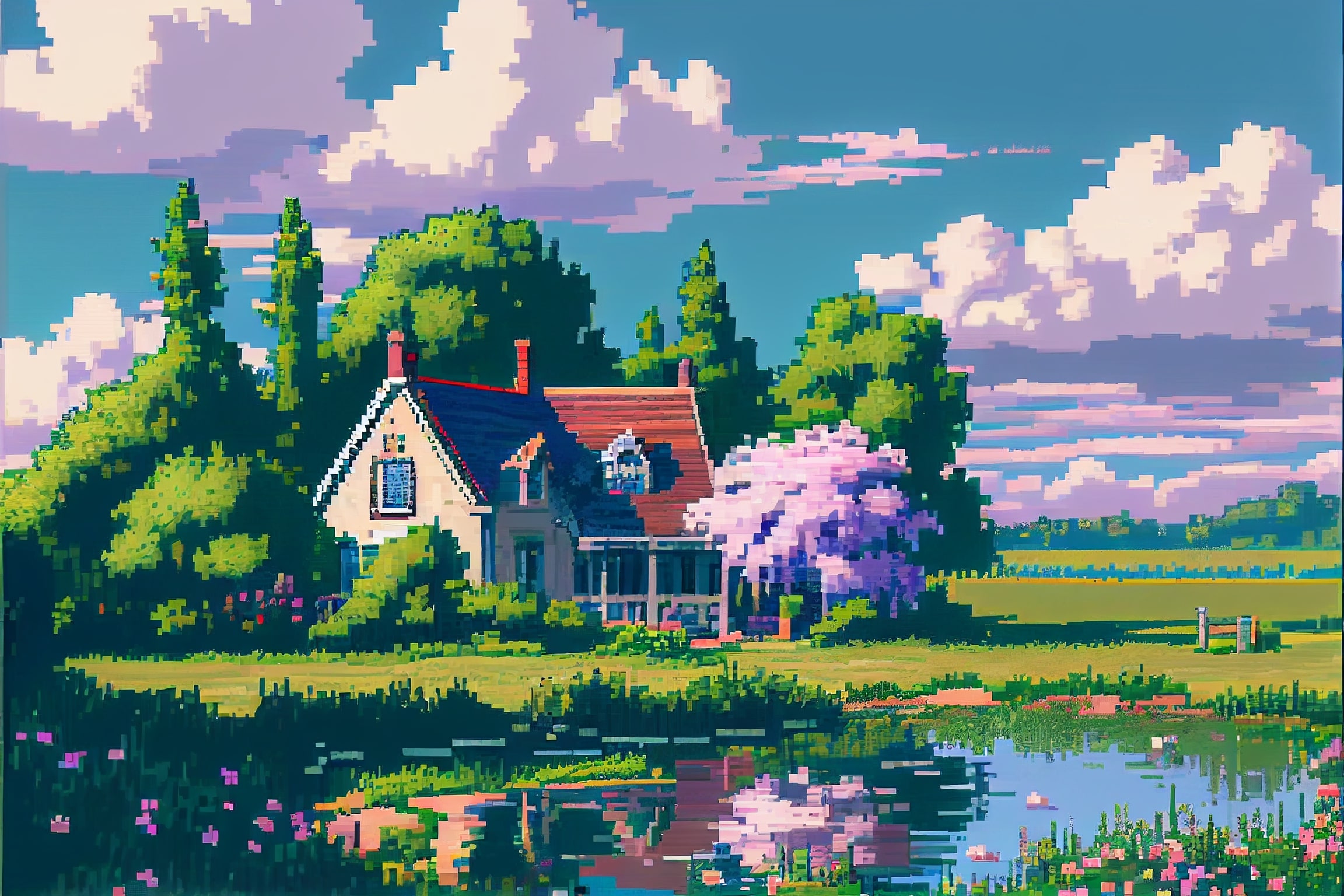 Painting of a house by a lake.