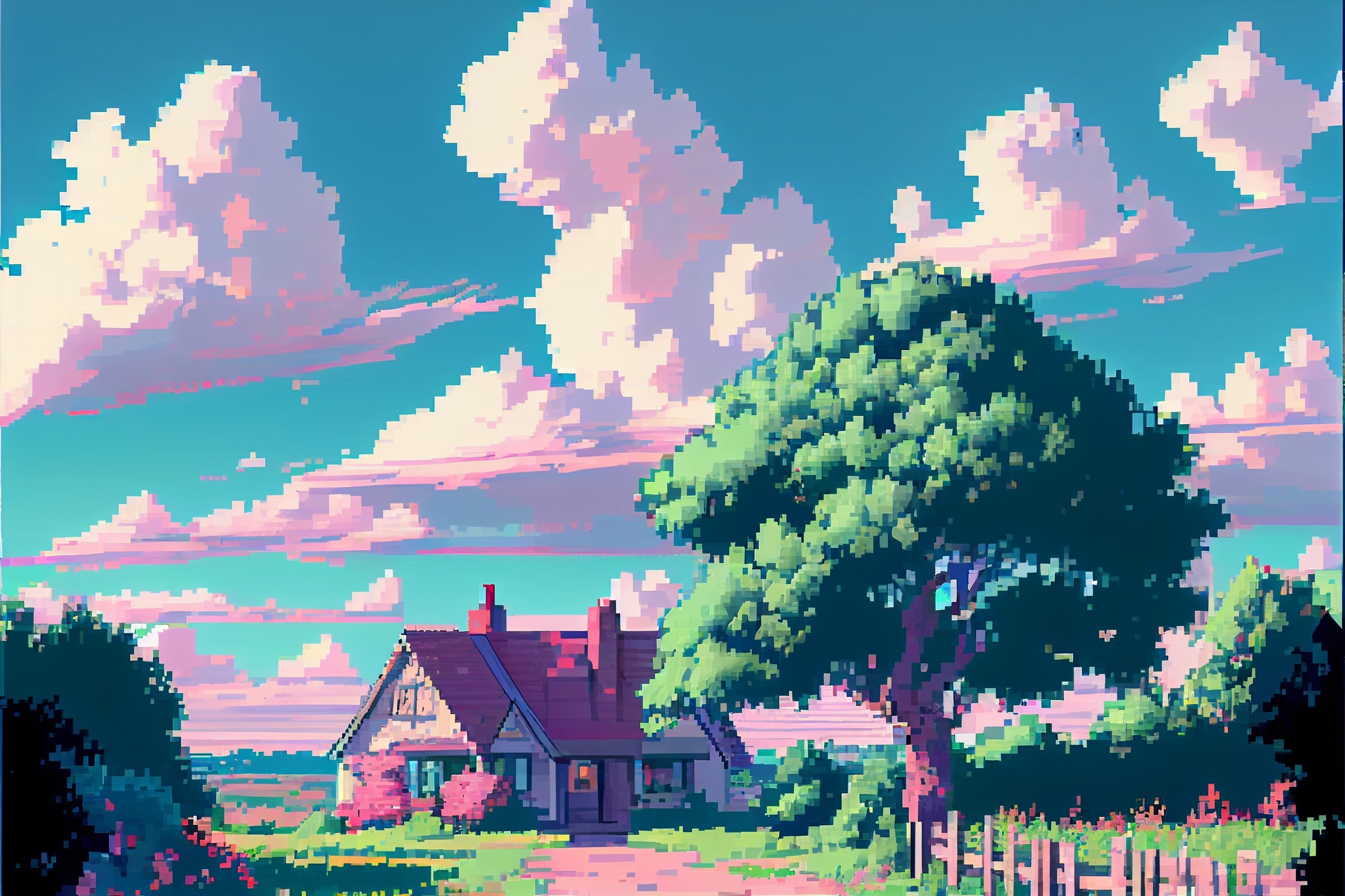 Pixel art picture of a house in the countryside.