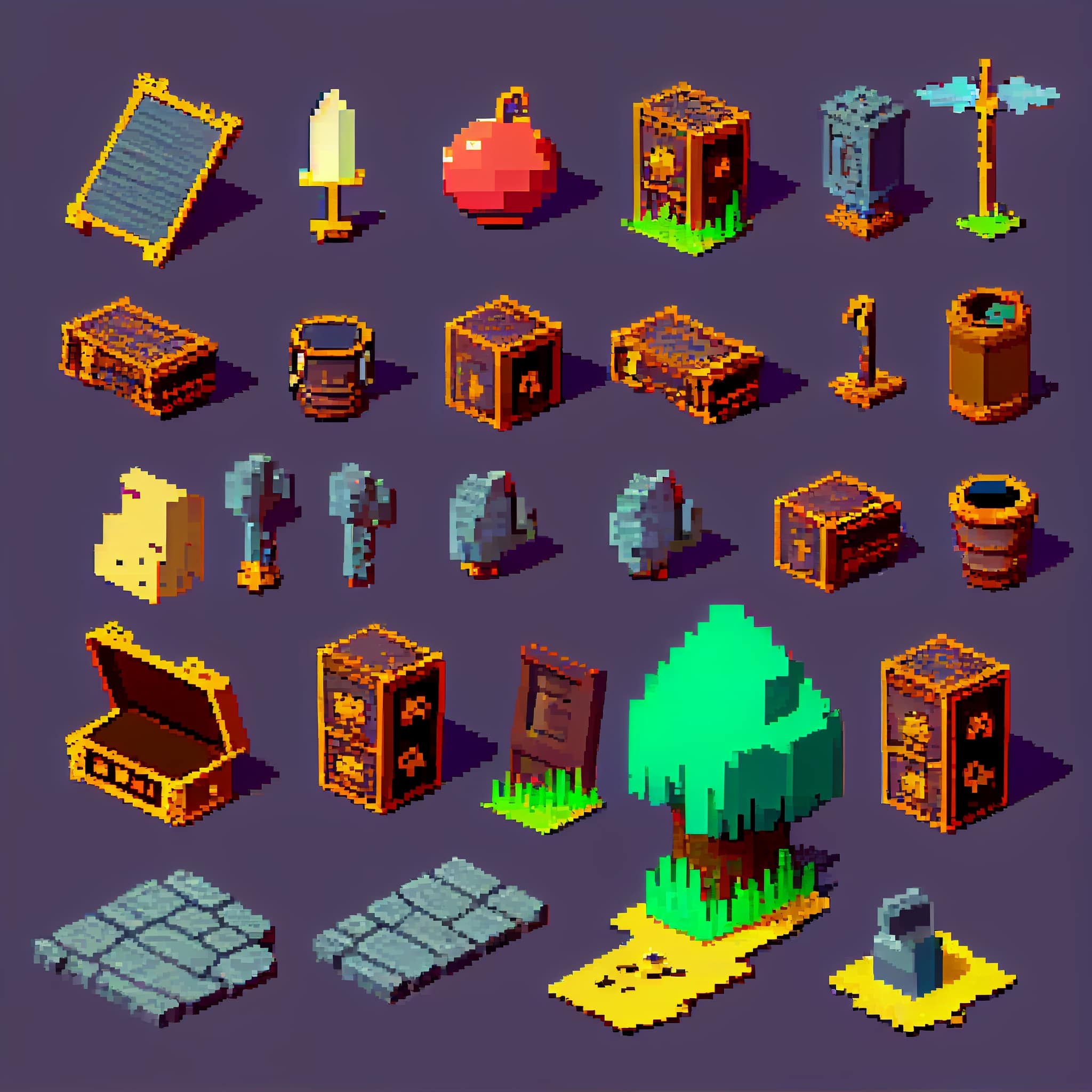 Set of pixel art style objects.