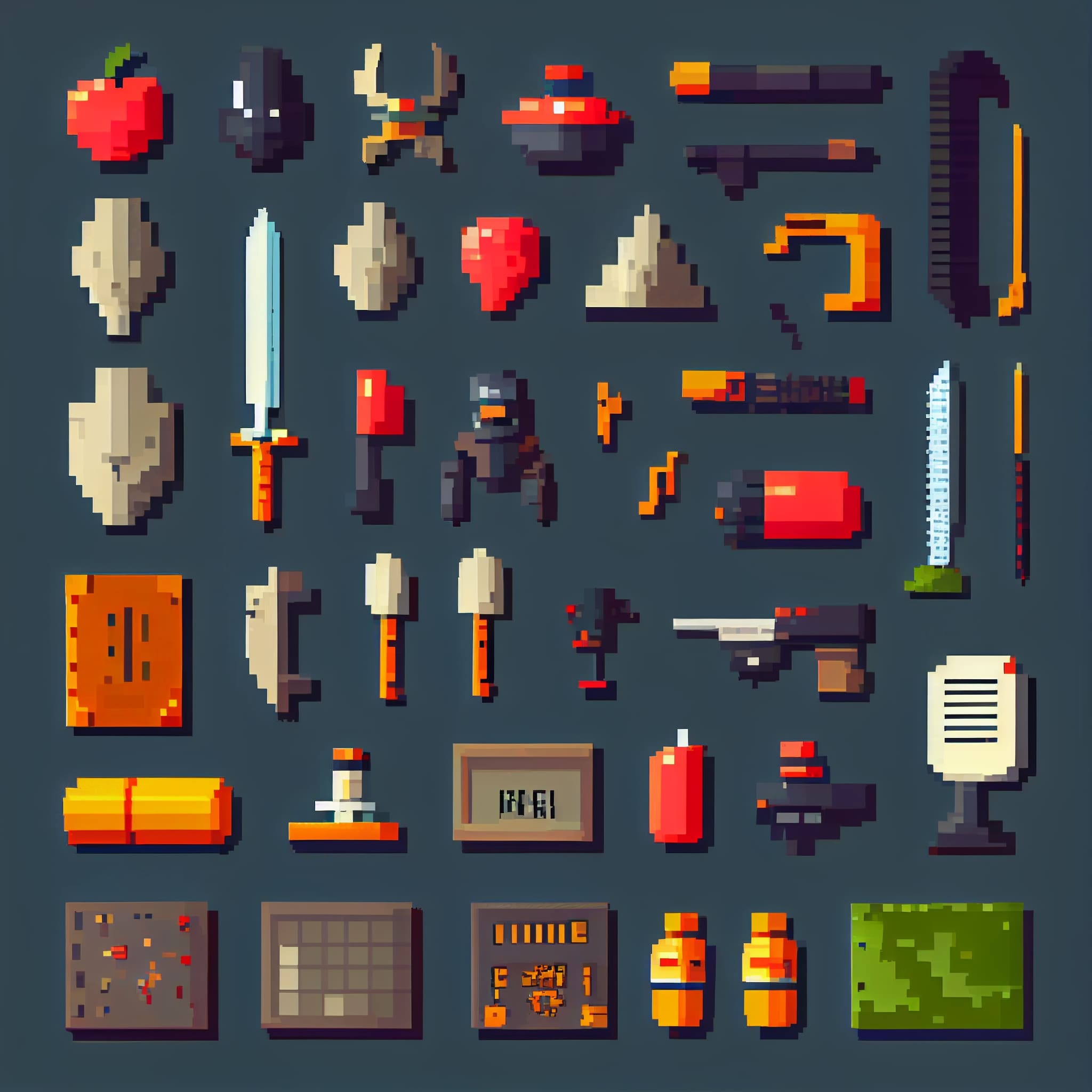 Set of pixel art with different items.