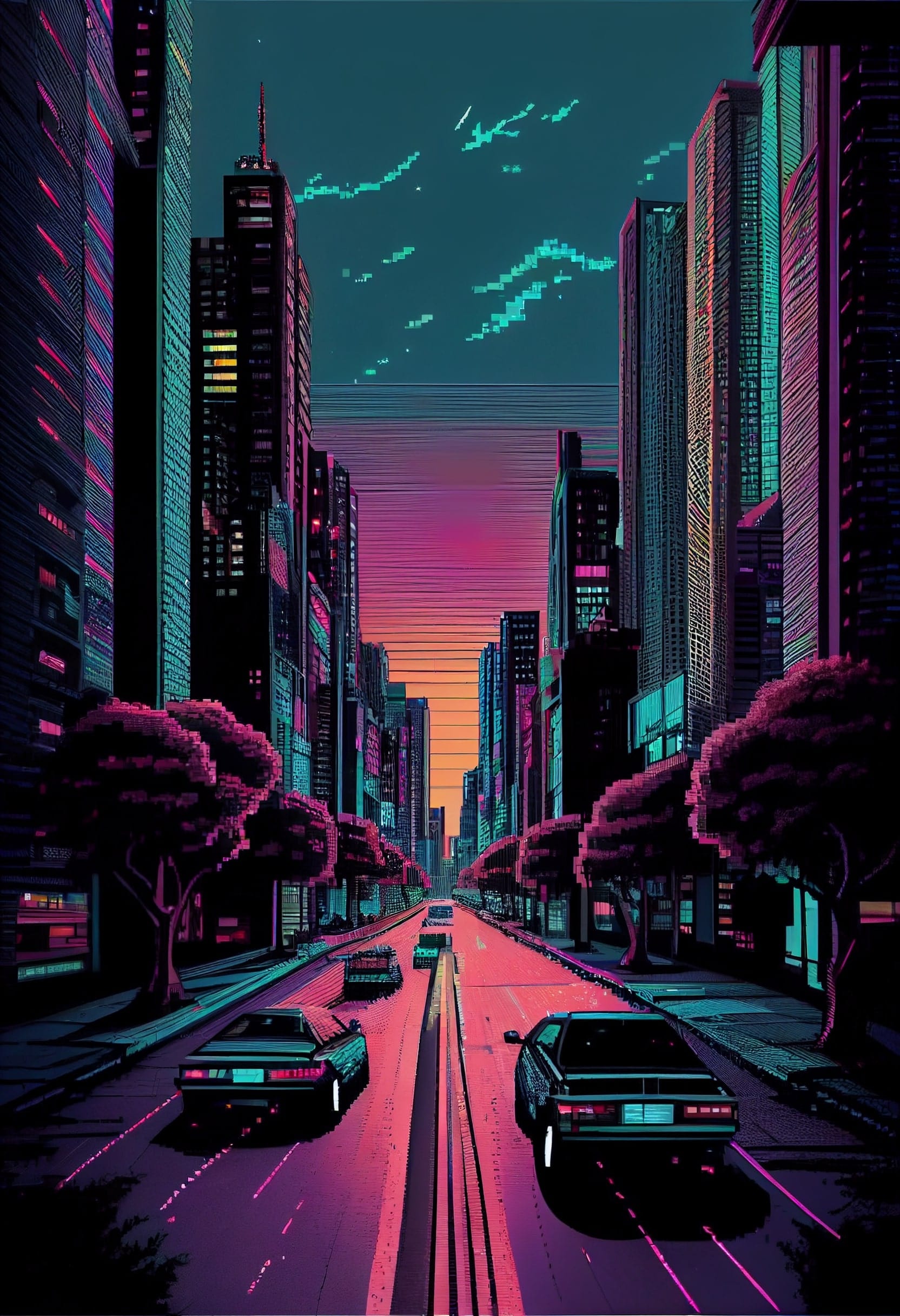 Painting of a city street at night.