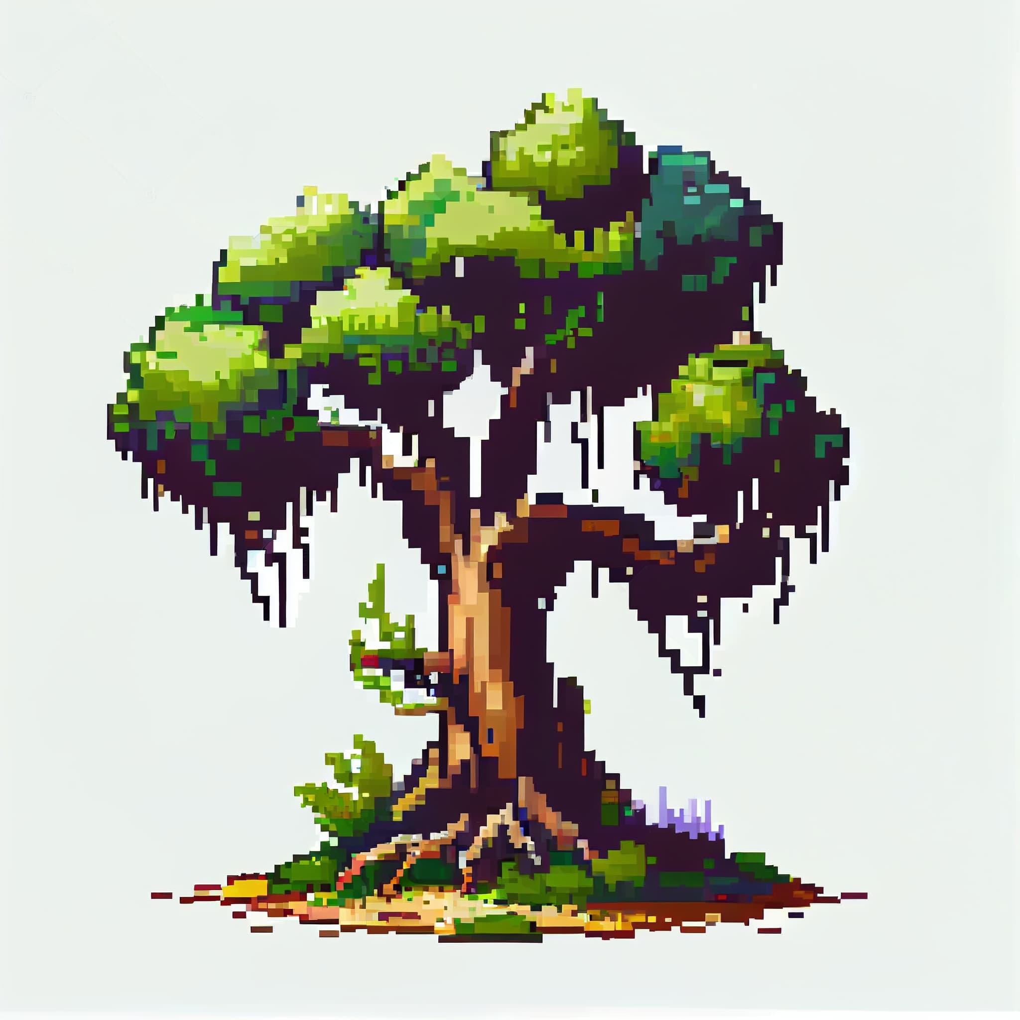 Pixel art picture of a tree with green leaves.