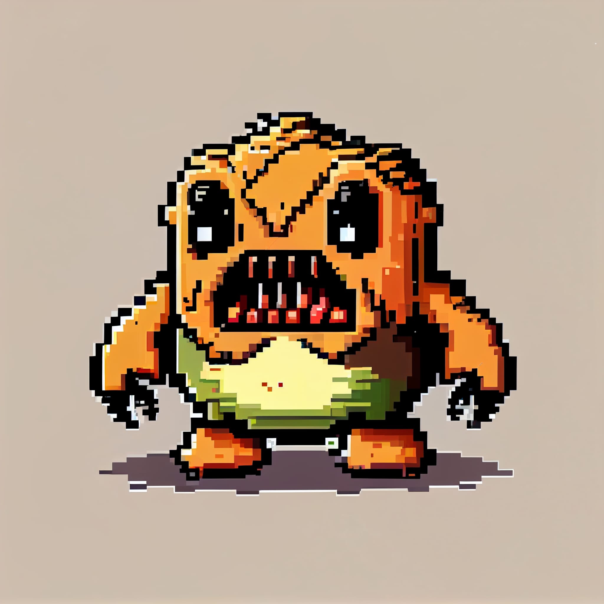 Pixel art picture of a monster eating a piece of broccoli.