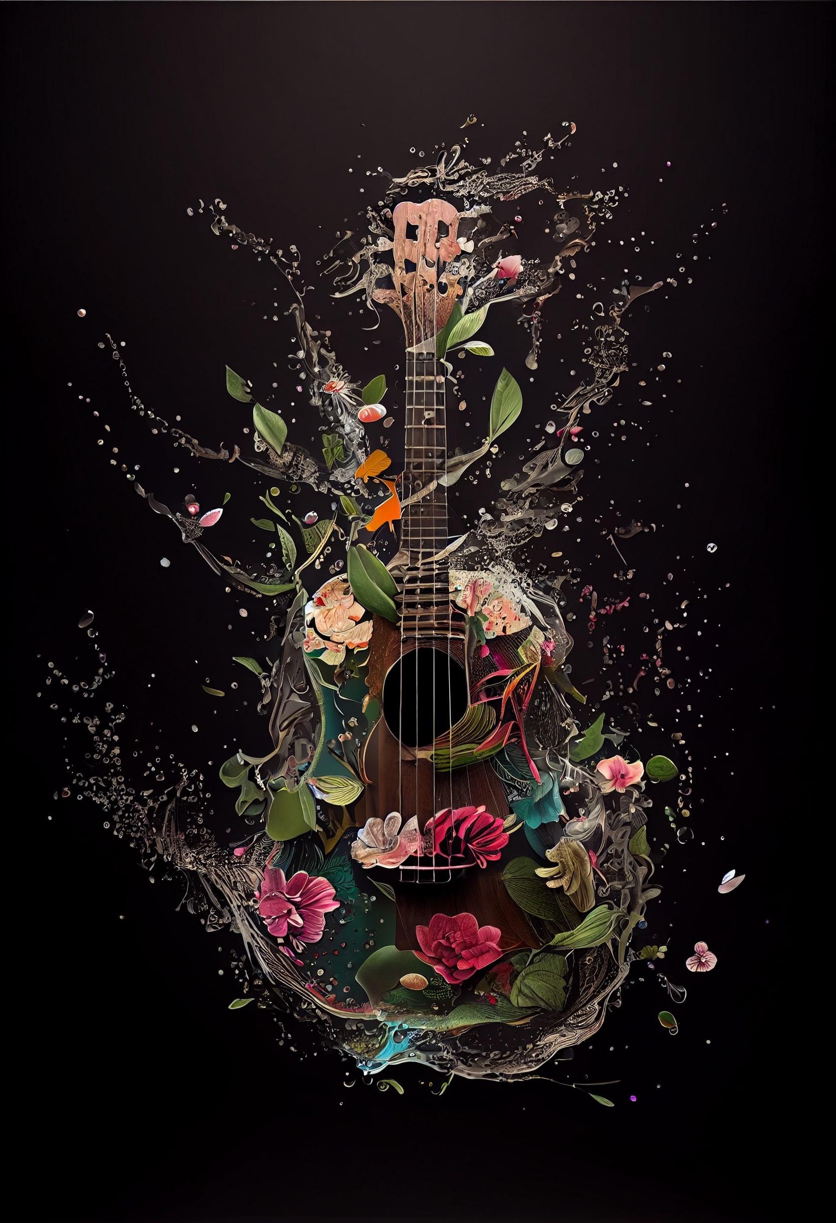 Guitar with a bunch of flowers on it.