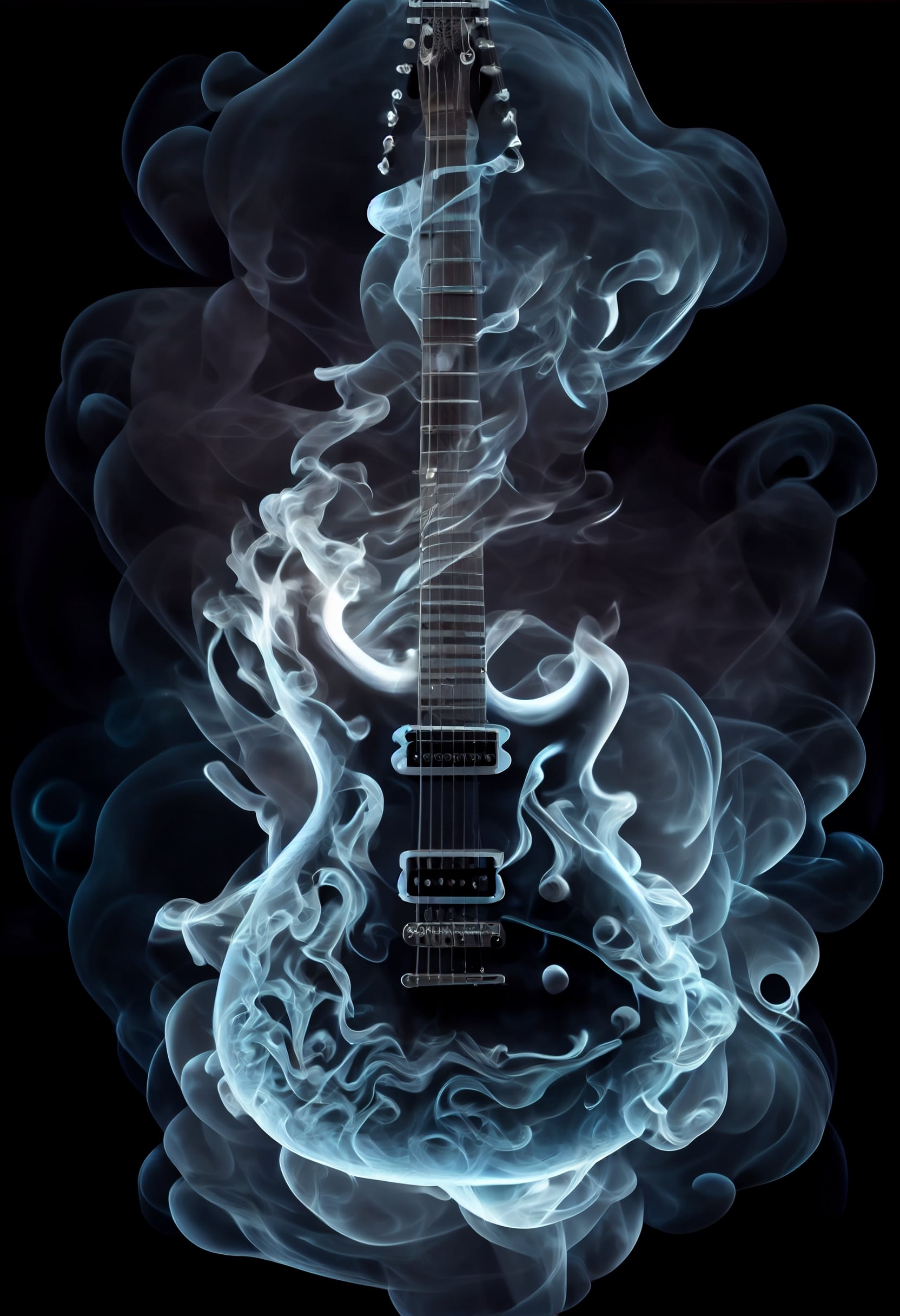 Guitar with a lot of smoke coming out of it.