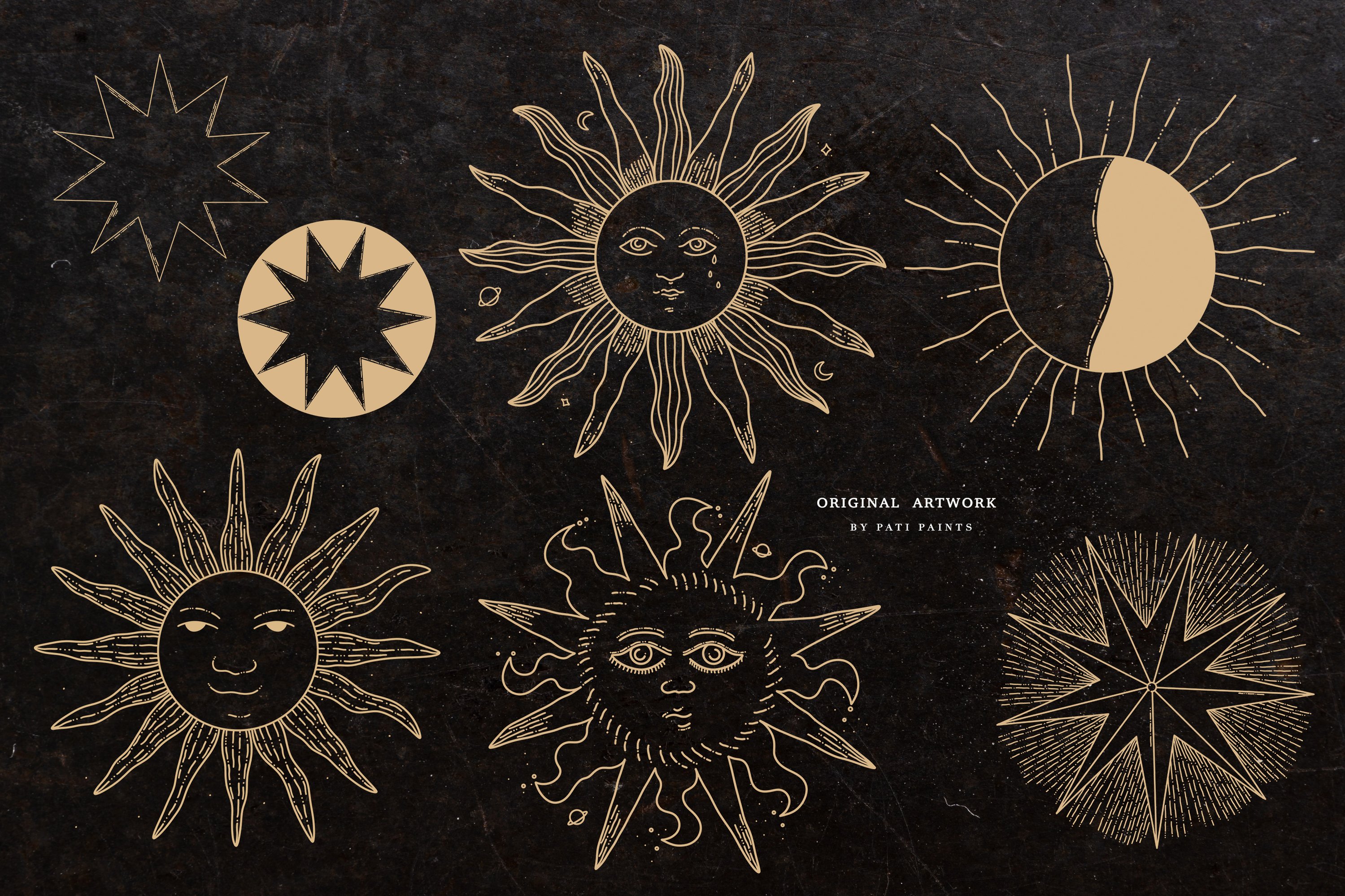 Mystical Celestial Sun Moon Clipart preview image.