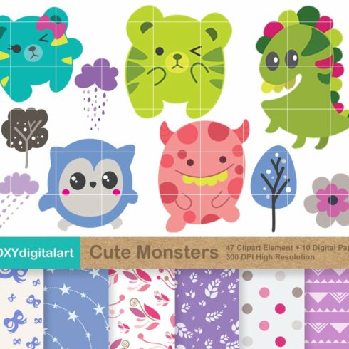 Cute Monster Clipart & Digital Paper cover image.
