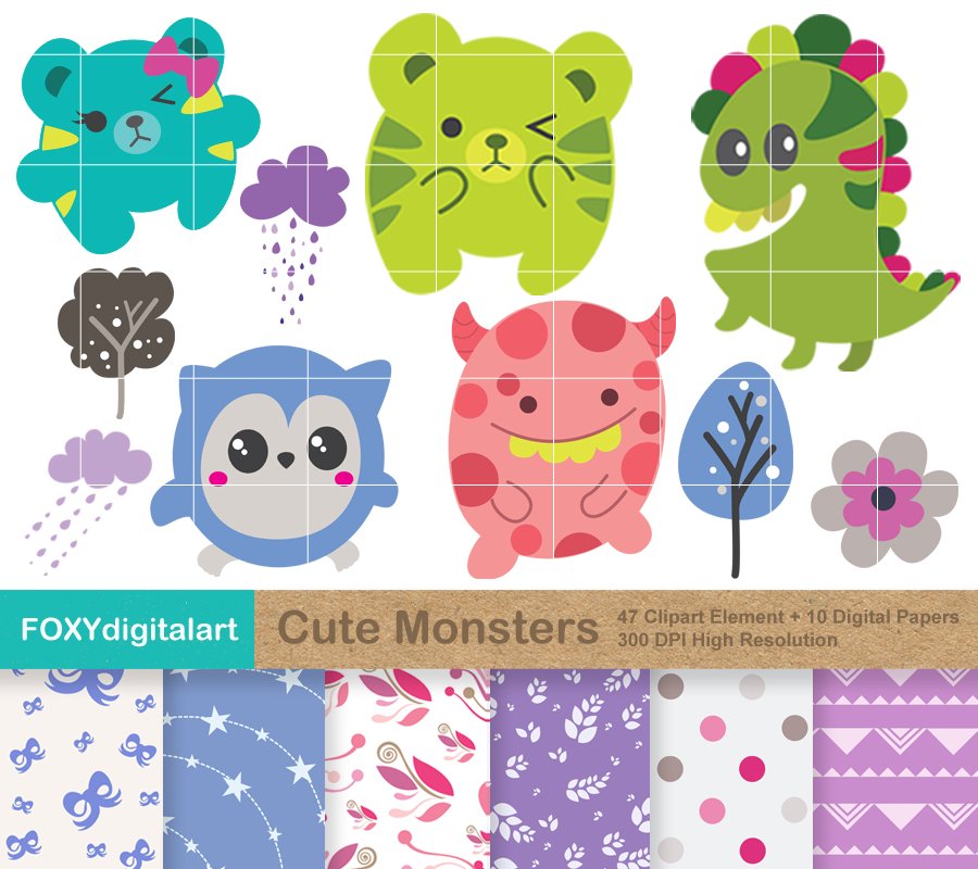 Cute Monster Clipart & Digital Paper cover image.