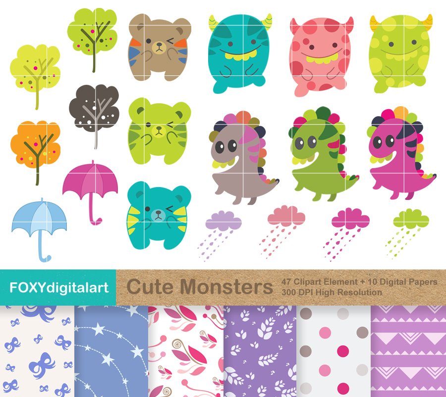 Cute Monster Clipart & Digital Paper preview image.