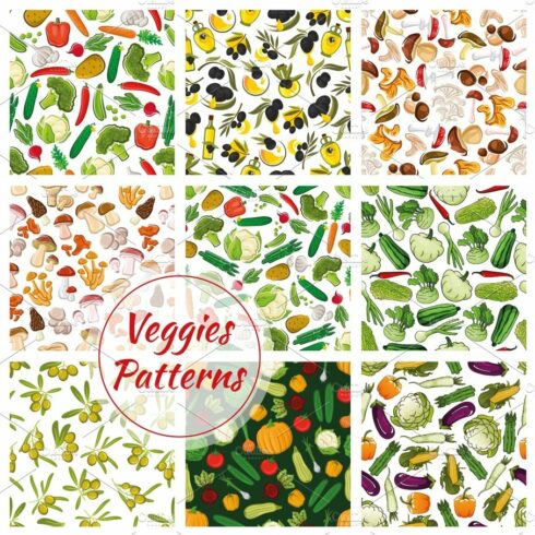 Veggies seamless patterns set of vegetables cover image.