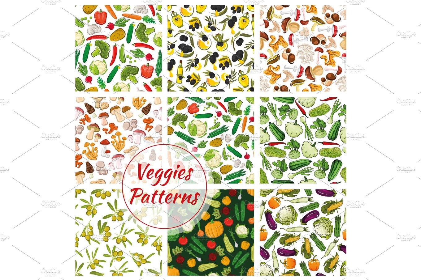 Veggies seamless patterns set of vegetables cover image.