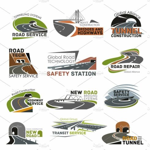 Road and highway construction icon set cover image.