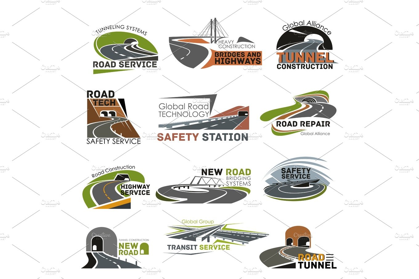 Road and highway construction icon set cover image.