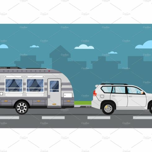 Road travel poster with suv car and trailer cover image.