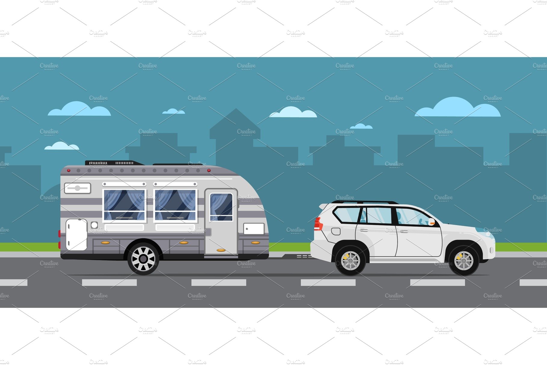Road travel poster with suv car and trailer cover image.