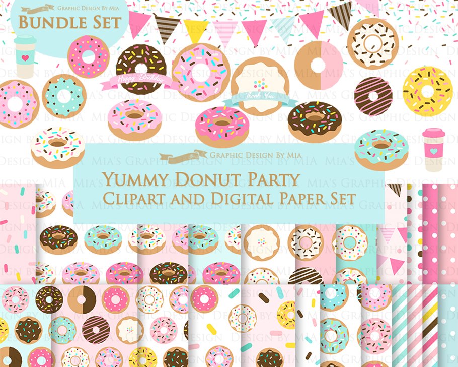 Yummy Donut Clipart+Pattern set cover image.