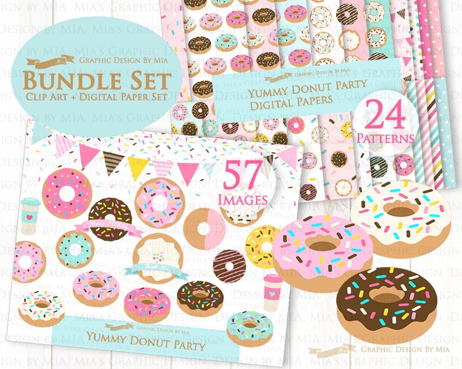 Yummy Donut Clipart+Pattern set preview image.