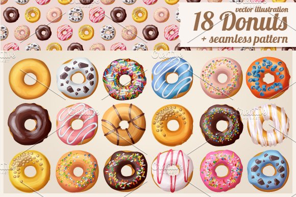 18 Donuts Icons + Seamless Pattern cover image.