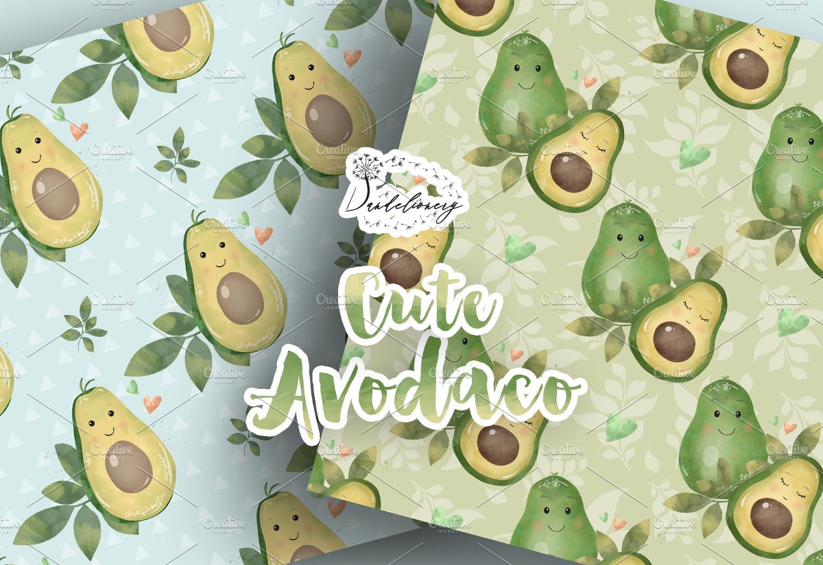 Cute Avocado digital paper pack preview image.