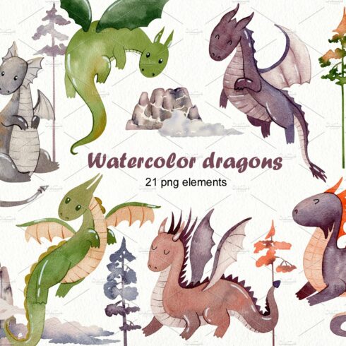 Watercolor dragons clipart. cover image.