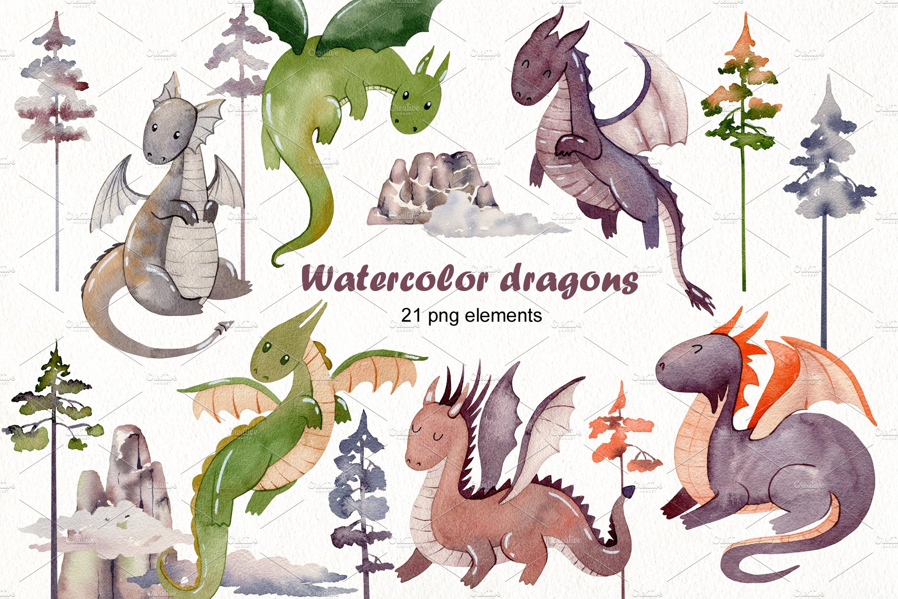 Watercolor dragons clipart. cover image.