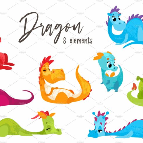 Dragons. Set cartoon fun dragons cover image.