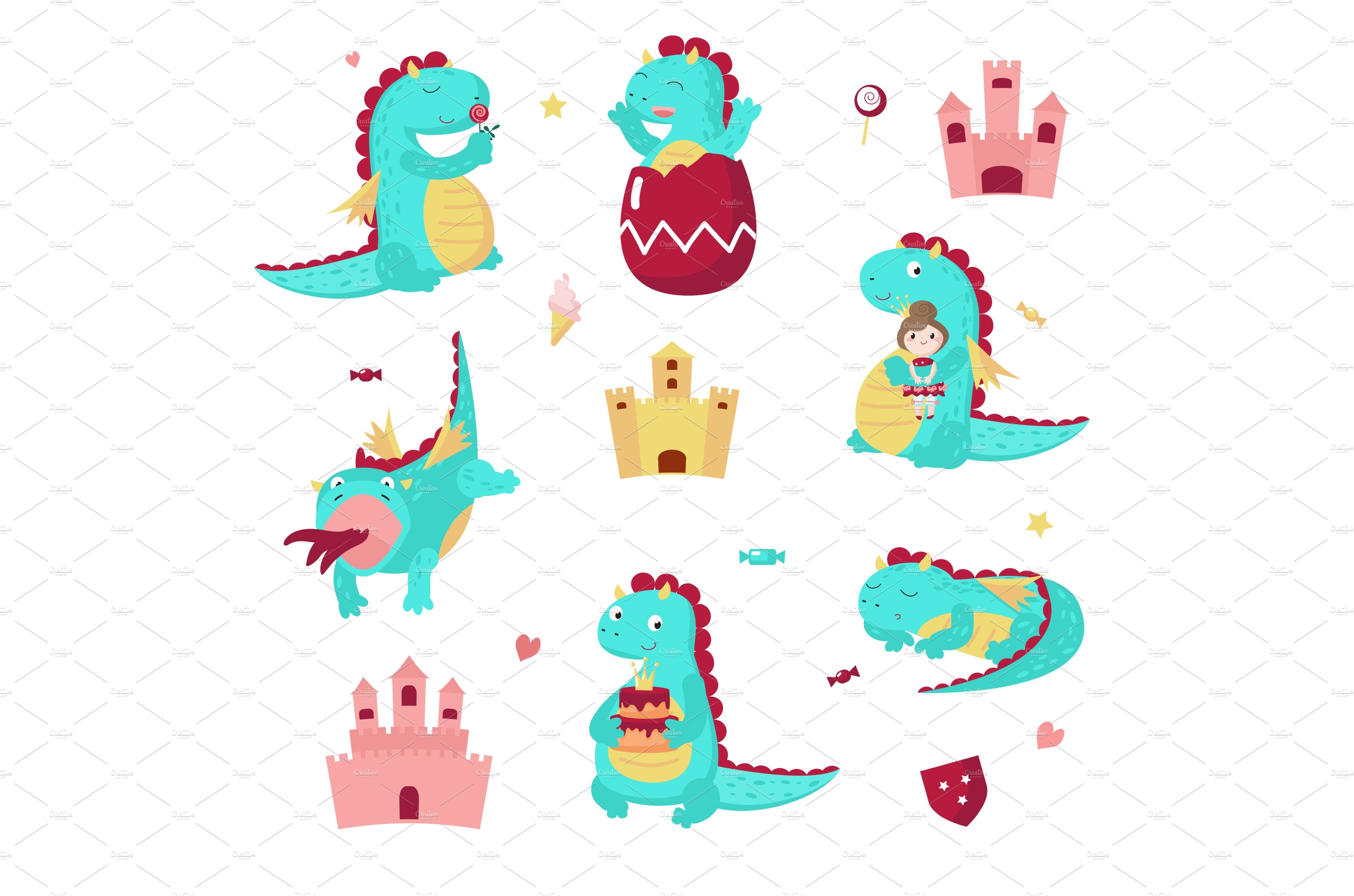 Cute dragon icon set, vector cover image.