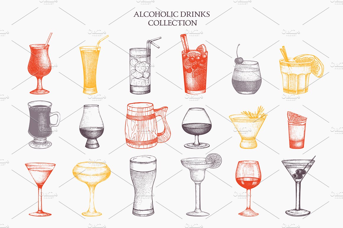 Alcoholic drinks vector sketches preview image.