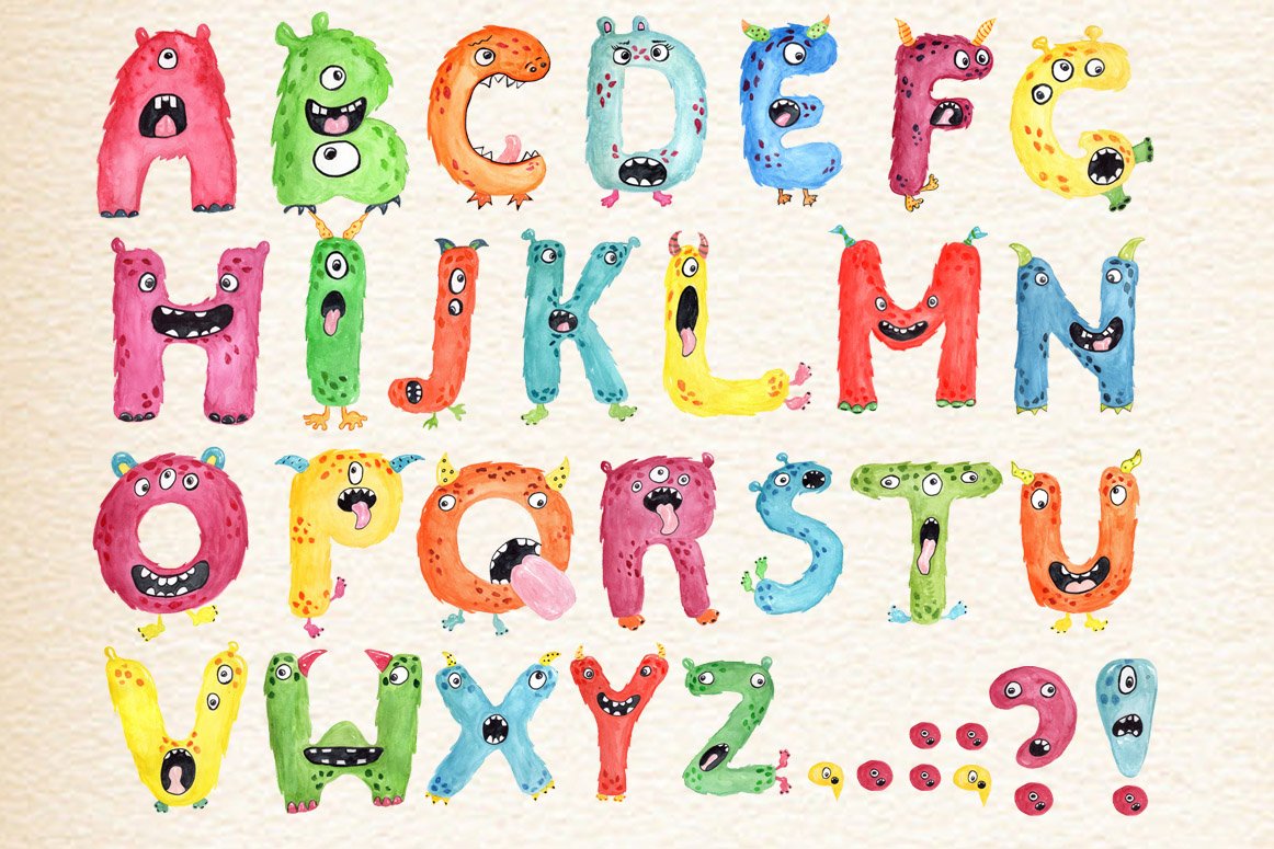 Monster kids alphabet clipart preview image.