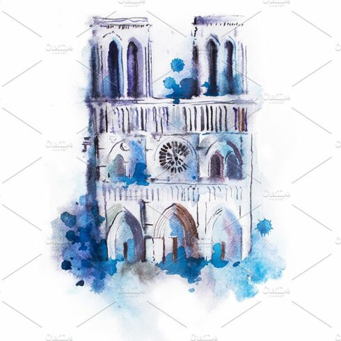 Watercolor drawing of Notre-dame. aquarelle Paris view painting cover image.