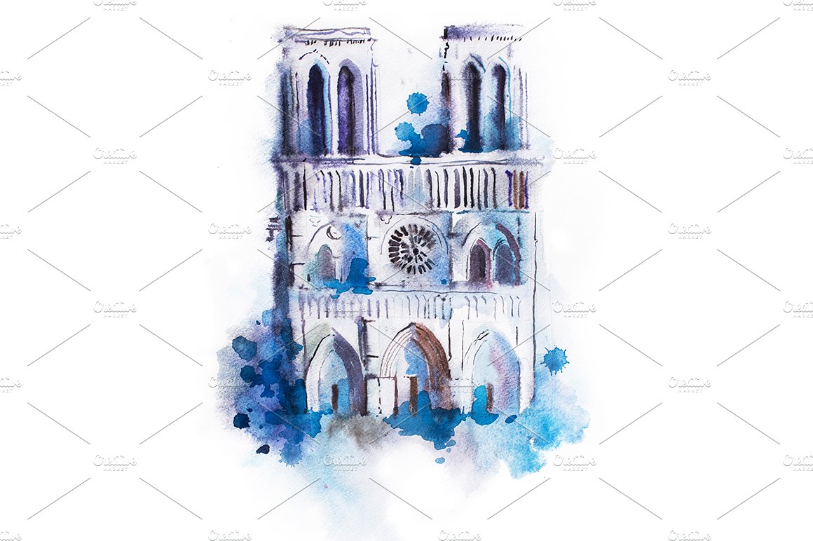 Watercolor drawing of Notre-dame. aquarelle Paris view painting cover image.
