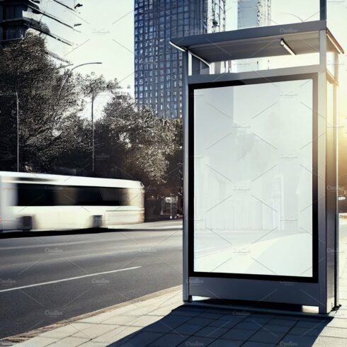 Street billboard mock up in downtown bus stop with city background. cover image.