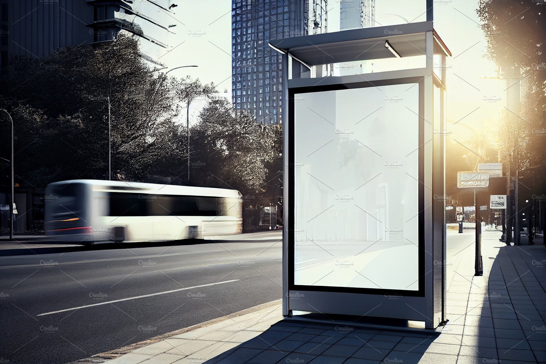 Street billboard mock up in downtown bus stop with city background. cover image.