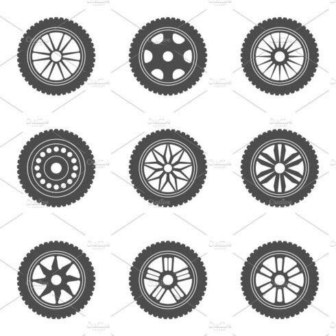 Set of car rims, tires cover image.