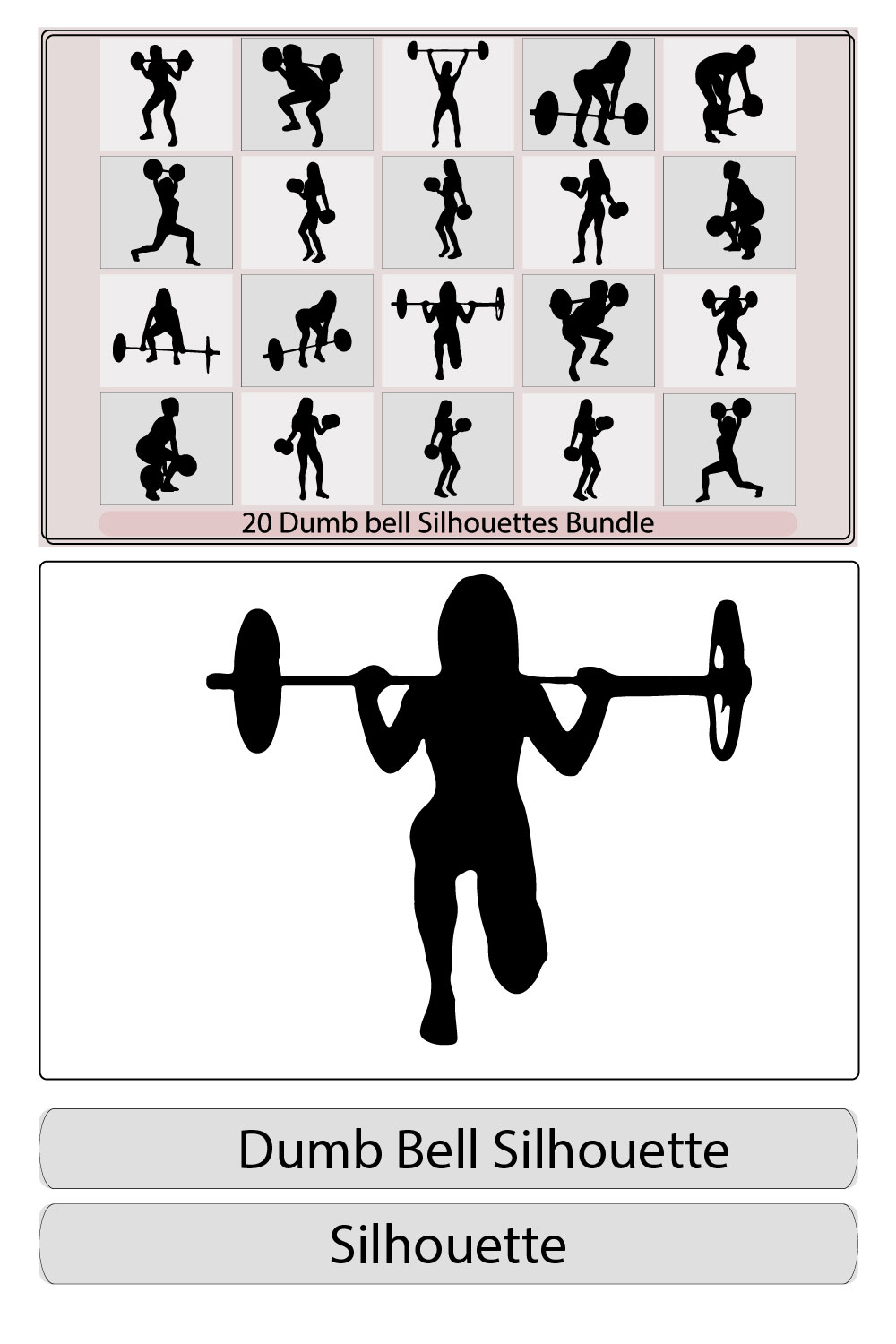 Athletic woman holding dumbbells and doing crossfit,Female bodybuilder lifting dumbbells silhouette pinterest preview image.