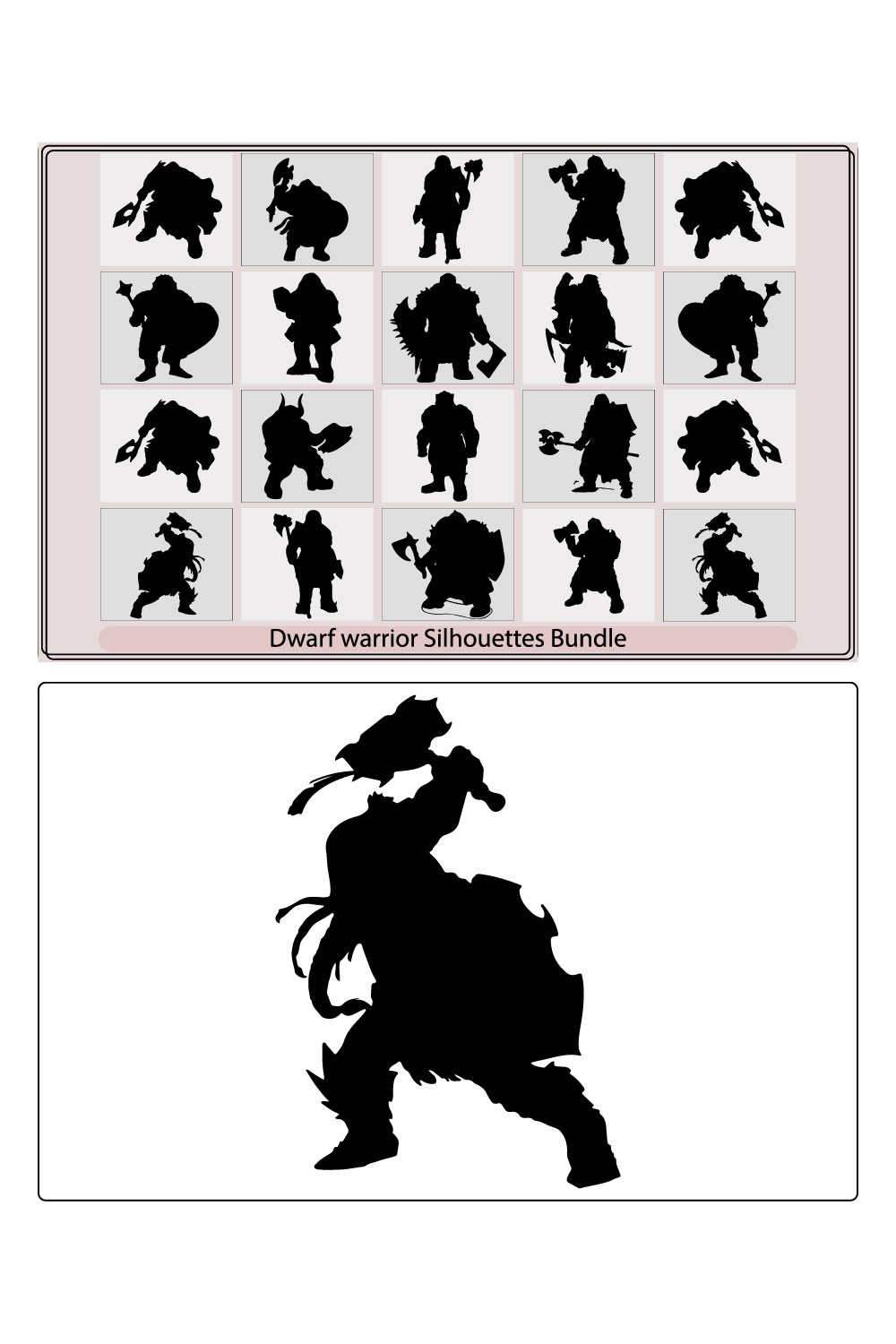 Viking with axe detailed vector silhouette,Gnome and dwarfs blacksmith, gunslinger and warrior silhouette,Black silhouette of a fantasy dwarf pinterest preview image.