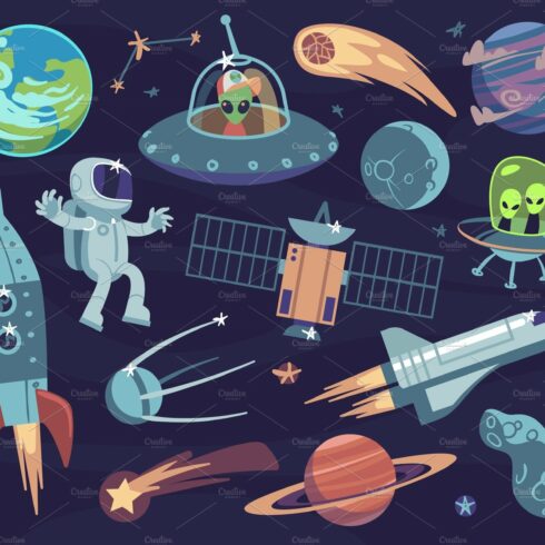 Cartoon space set. Cute astronauts cover image.