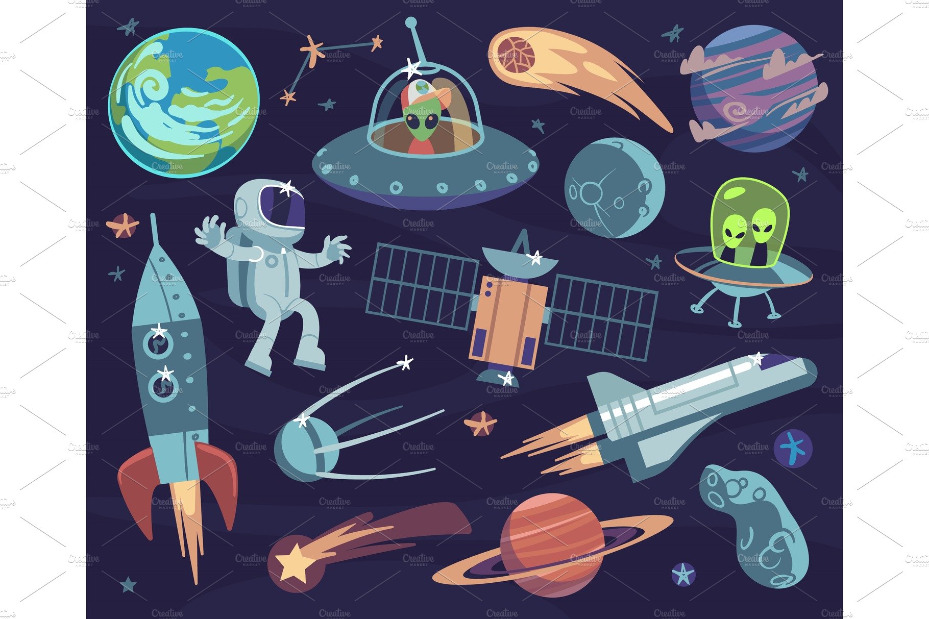 Cartoon space set. Cute astronauts cover image.