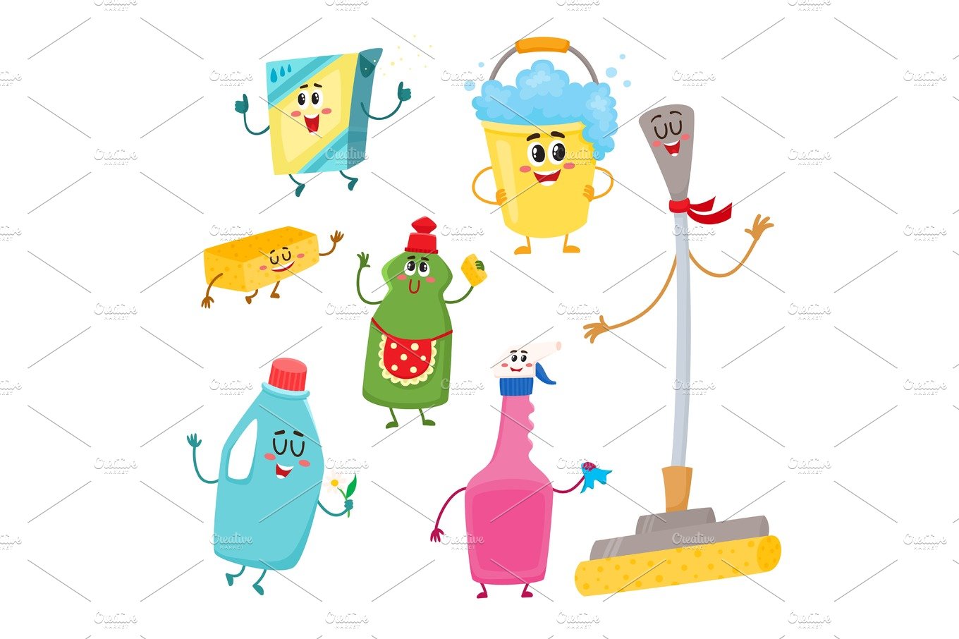 Set of funny house cleaning characters, detergents, bucket, mop, sponge cover image.
