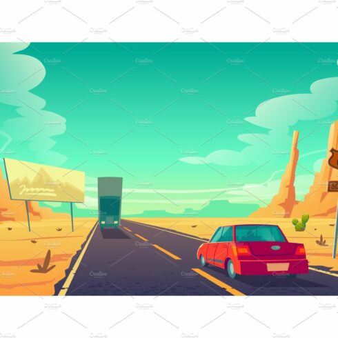 Road in desert with cars ride long cover image.