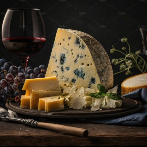 Bottle of red wine with grapes and a delicious cheese plate. Still life style. cover image.