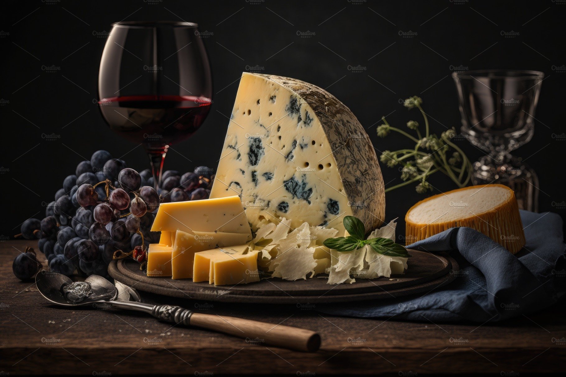 Bottle of red wine with grapes and a delicious cheese plate. Still life style. cover image.