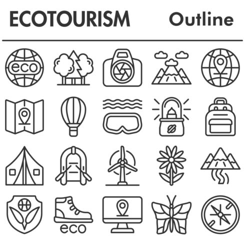 Ecotourism icons set, outline style cover image.