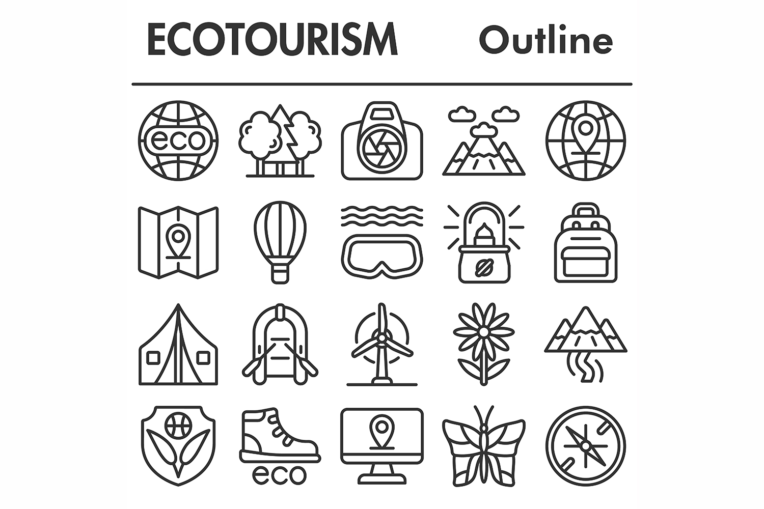 Ecotourism icons set, outline style pinterest preview image.