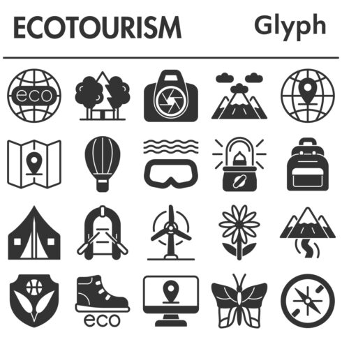 Ecotourism icons set, glyph style cover image.