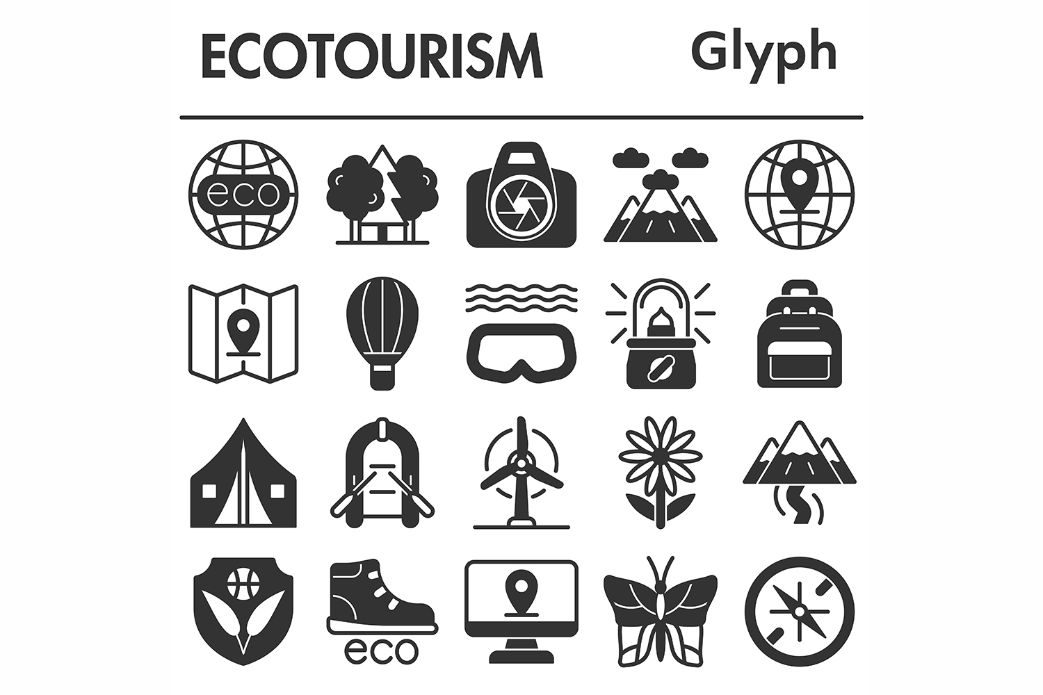 Ecotourism icons set, glyph style pinterest preview image.